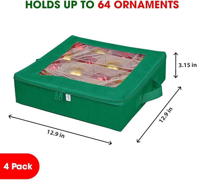 ProPik 4 Pcs Christmas Ornament Storage Boxes with Dividers | 4 Individual Trays Hold 64 Holiday Decoration Balls | Durable Ornaments Organizer Storage Box | Zippered Closure with Handles (Green)
