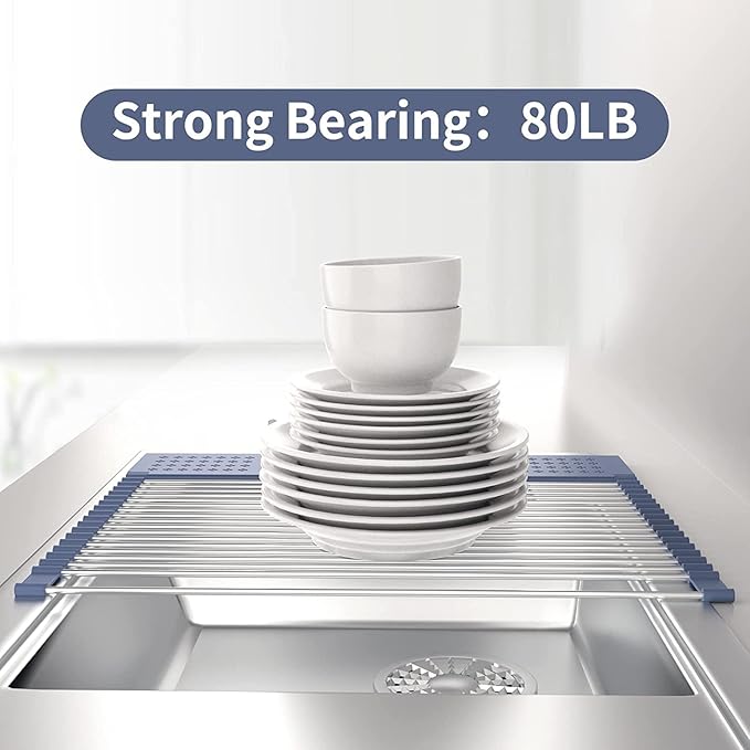 LEMIKKLE 20" x 15.2" Roll Up Dish Drying Rack Over The Sink Dish Drying Rack,Multi-Purpose Kitchen Rolling Dish Drainer Foldable SUS304 Stainless Steel Dish Drying Rack