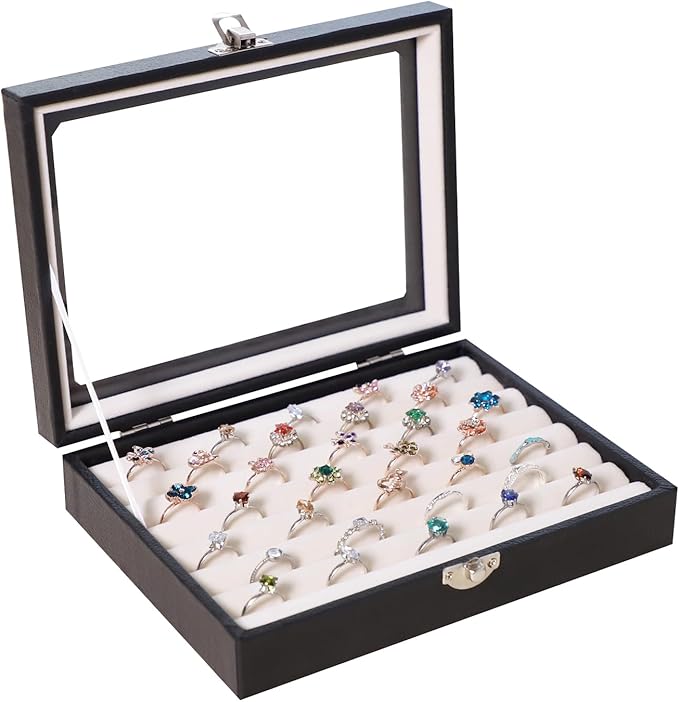 Stratalife Ring Holder Small Jewelry Box Display Case with Clear Lid Cute Ring Organizer Drawer Jewelry Storage Gift for Women Beige