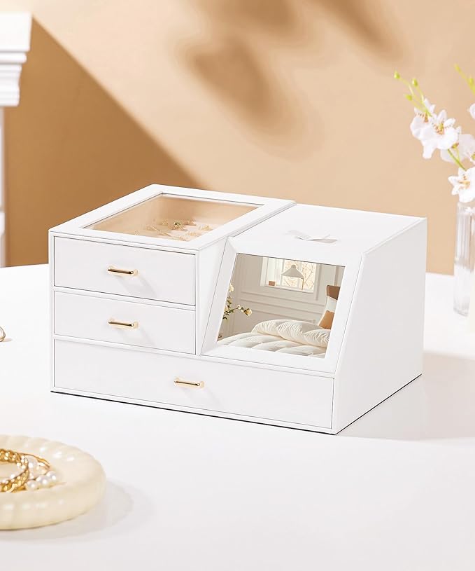 Homde Women Mirror Jewelry Box: Organizer Case with Clear Lid for Ring Necklace Earring - Birthday Gift for Young Women (White)