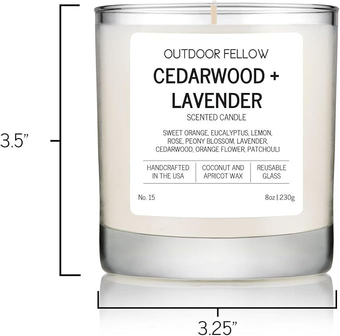 Outdoor Fellow Cedarwood and Lavender Scented Candle, 8oz, Coconut & Apricot Wax Blend, Sweet Orange, Lavender, Cedarwood, Reusable Glass, 40-50 Hour Burn Time