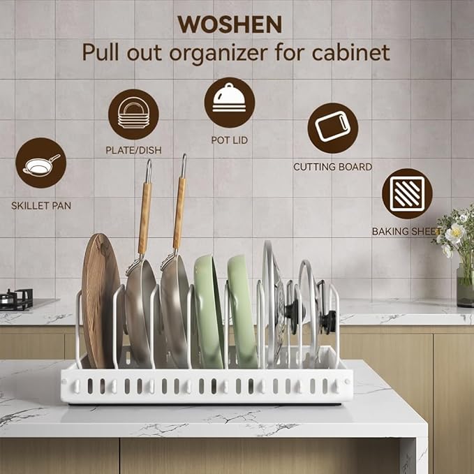 WOSHEN Pots and Pans Organizer Under Cabinet, Pull Out Pots and Pans Organizer, Expandable Sliding Lid Holder and Pan Rack for Pot Lid, Bakeware, Dishes, 10 Adjustable Dividers
