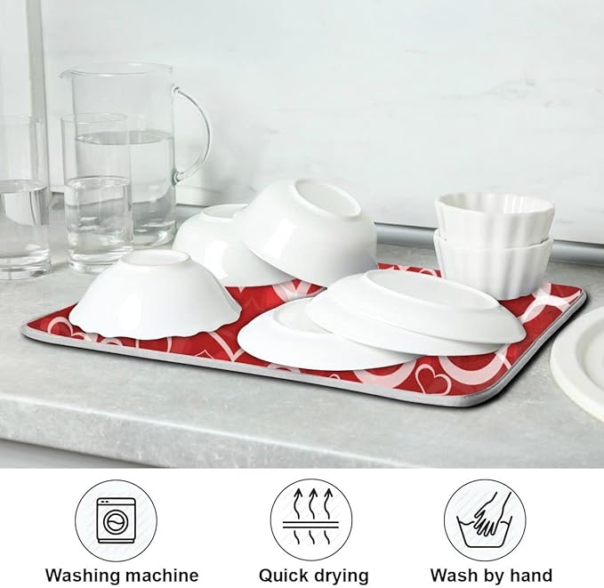Red Pink Love Heart Dish Drying Mat for Kitchen Happy Valentine's Day Microfiber Drying Mats Absorbent Reversible Dish Pad Medium Dish Draining Mat 16x18 inch