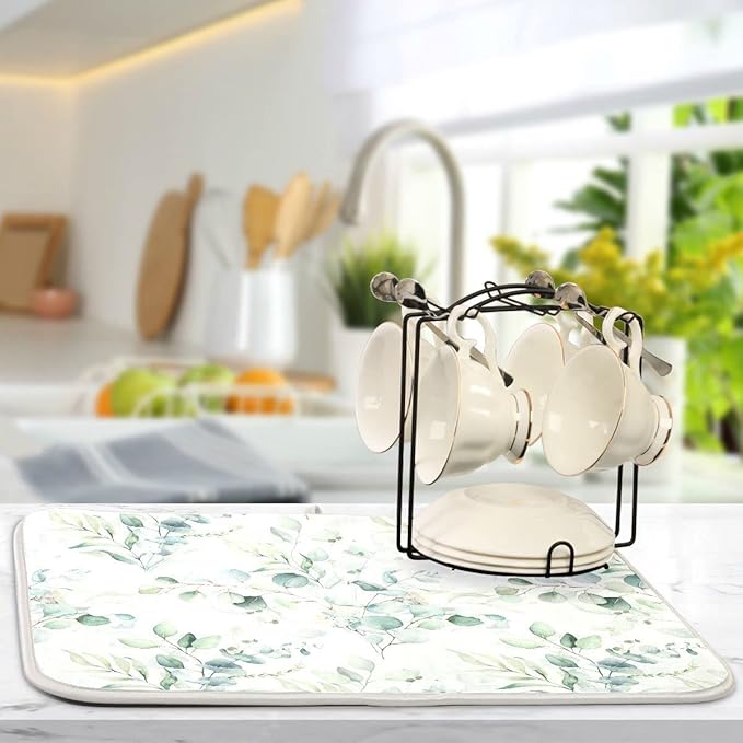 Green Leaves Dish Drying Mat for Kitchen Counter Herb Plant White Drying Mats Super Absorbent Reversible Microfiber Kitchen Countertop Protector Dishes Pad Large 18x24 inch