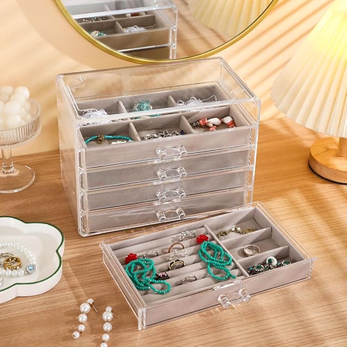 Necklace Organizer Box, Tray with 5 Drawers, Dustproof Velvet Storage Holder Display Case, Jewelry Box for Pendants, Suitable for Women and Girls (Grey)