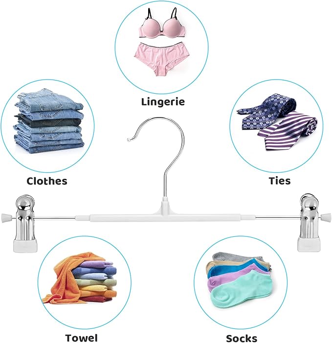 POZEAN Pants Hangers with Clips 30Pack, 12Inch Adjustable Skirt Hangers for Women, Space Saving Non-Slip Hangers for Shorts, Jeans, Coat, Kids' Clothes (White, 30Pack)