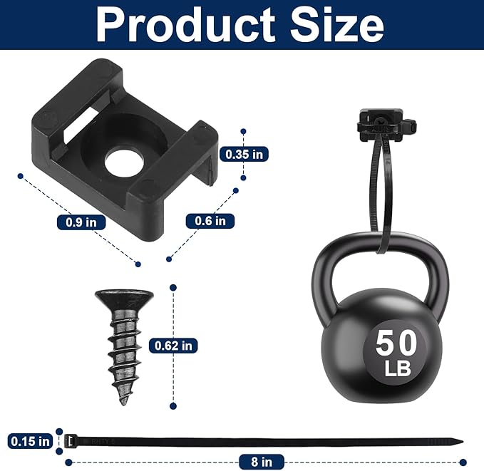 SLEYUIM Premium Cable Zip Tie Mounts Kit - 60 Packs Wire Management Holder & Cable Clips, 8" High-Strength Nylon Ties & 5M Screws, Heavy Duty Fasteners for Wall/Desk, Indoor & Outdoor Cable Organizer