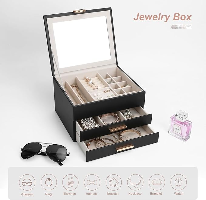 Large Jewelry Organizer Box with Mirror - Features Ring Rolls, Necklace Hooks, Earring Slots, Plush Interior for Luxury Protection Black