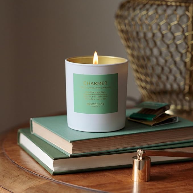 Moodcast Charmer Scented Candle – Aesthetic Candle for Home, Italian Bergamot, Juniper & Yerba Santa, Clean Coco Wax Blend, Vegan, Paraben-Free, 45-Hour Long Lasting Burn – 8oz