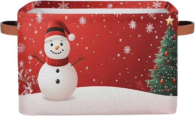 Storage Baskets Bin, Christmas Winter Snowman Collapsible Canvas Fabric Storage Bin Decorative Baskets Toy Organizer Rectangle Storage Boxes with Handles for Home Shelves Nursery, J-012