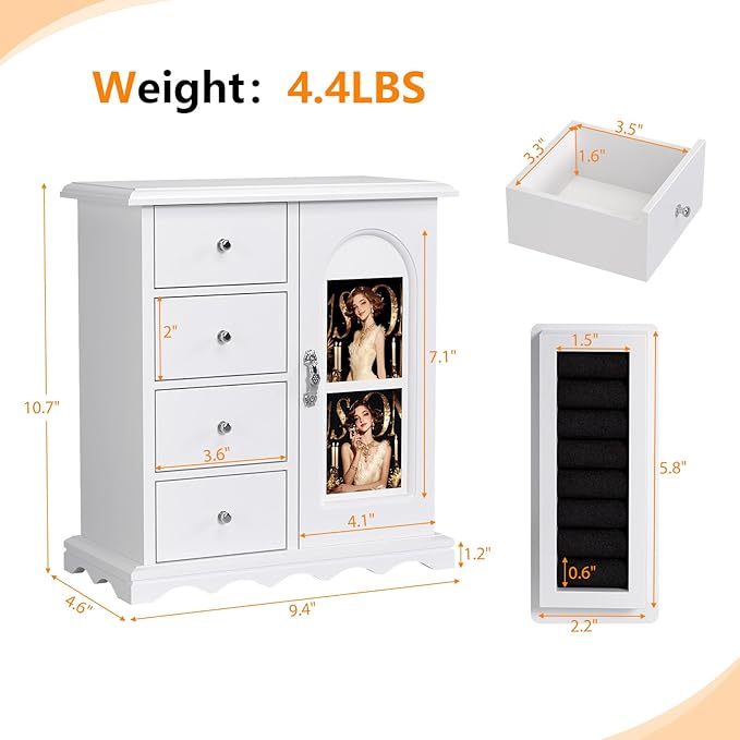 VINGLI Jewelry Box with Photo Frame, White Jewelry Organizer for Women, Arched Wooden Keepsake Case with 4 Drawers, Rotating Necklace Hooks & Velvet Lining, Vintage Gift for Girls Bedroom