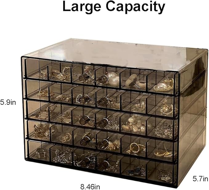 SPAKOWN Earring Organizer, Acrylic Jewelry Holder Organizer with 5 Drawers Stackable Earring Storage Case Jewelry Boxes for Women (Gray)