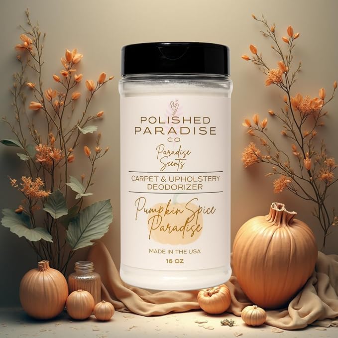 Polished Paradise Co Paradise Scents Carpet and Upholstery Deodorizer, Fall Scent Powder for Rugs and Textiles, 16 Oz (Pumpkin Spice Paradise)