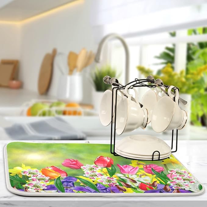 Daffodils and Tulips Flowers Dish Drying Mat 18x24 for Kitchen Counter Spring Floral Green Leaves Dishes Pad Absorbent Fast Dry Dish Draining Mats Large Kitchen Accessories