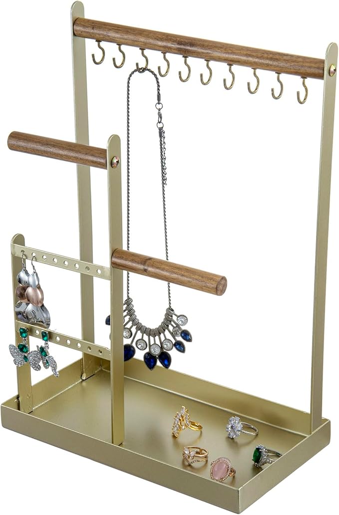 MyGift Brass Tone Metal & Acacia Wood Tabletop Jewelry Organizer – Necklace, Bracelet, Earring Holder with Ring Tray for Vanity or Dresser Display