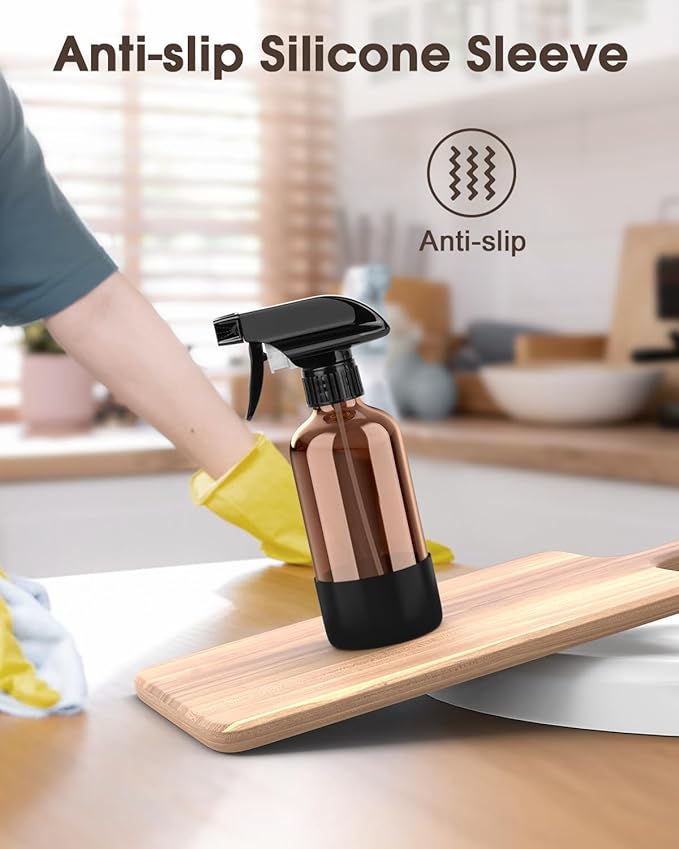 Bontip Glass Spray Bottle with Silicone Sleeve Protection, Amber Glass Spray Bottle Set for Window Cleaner Aromatherapy Facial Hydration Watering Flowers Hair Care 2 Pack/8 oz (Black)