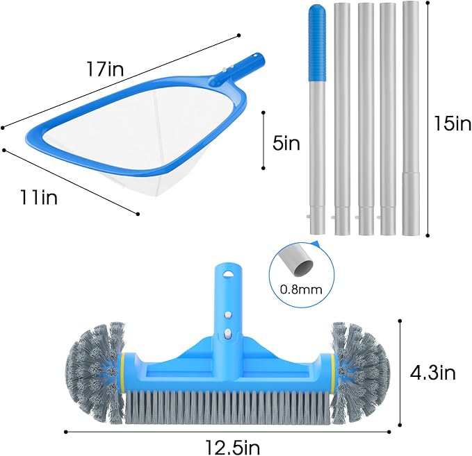 3PCS Cleaning Kit - 12.5'' Brush With Round End & 11'' Skimmer Net Fine Mesh & 5.7 Feet Thick Aluminum Pole 5-Segment, for Above Ground & Inground Pools Ponds