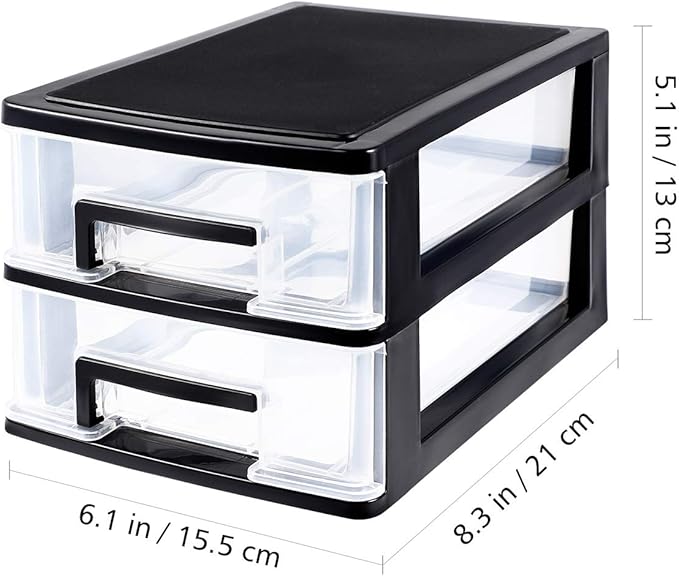 Wakauto 2-Tier Clear Desktop Organizer with Drawers -Stackable Storage Box for Makeup,Office Supplies & Crafts,Modern Black Frame and Transparent Design 8.4"X5.9" X 5.1"
