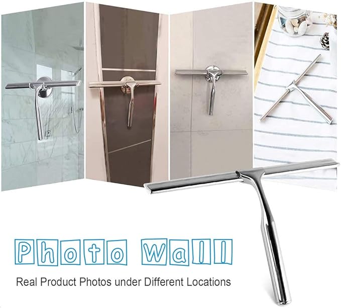 Quntis Silicone Shower Squeegee with Stainless Steel Handle, Window Cleaning Squeegee for Bathroom Window Kitchen Car Household with Professional Wall Mount