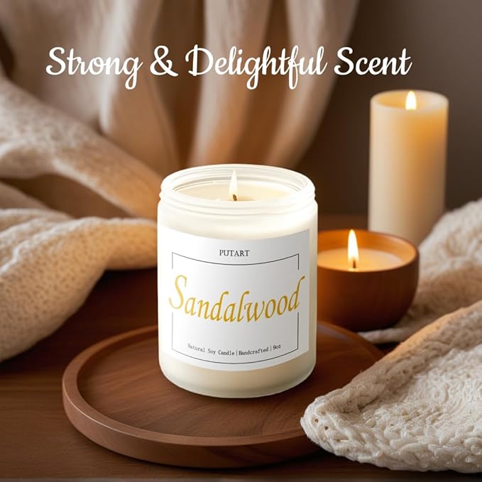 Sandalwood Scented Candles for Home, Natural Soy Wax Aromatherapy Santal Candle Gifts for Women & Men, Handmade Highly Scented & Long Lasting Non Toxic Jar Candle for Stress Relief (9oz