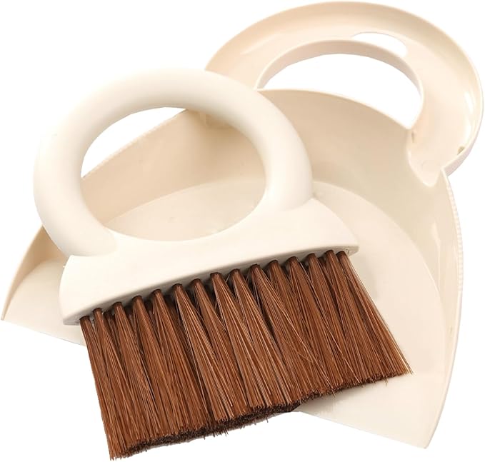 Round Handle Brush and Dustpan Set Small Broom & Dustpan Portable Handheld Sweeper for Desktop Sofa Floor Pet Nest (Off White)