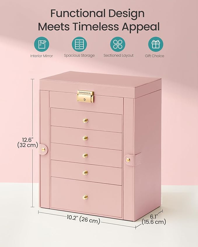 SONGMICS 6-Layer Jewelry Box Organizer with 5 Drawers, Jewelry Storage Case with Lock and Mirror, Large Storage Capacity, Gift for Loved Ones, for Necklaces, Watches, Jelly Pink UJBC152SA02S