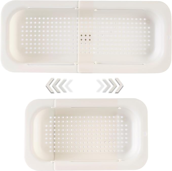 YUNKWONG Extendable Sink Colander Strainer Basket - Wash Vegetables and Fruits, Drain Cooked Pasta and Dry Dishes - Adjustable Over the Sink Colander Collapsible Drainer Basket - White