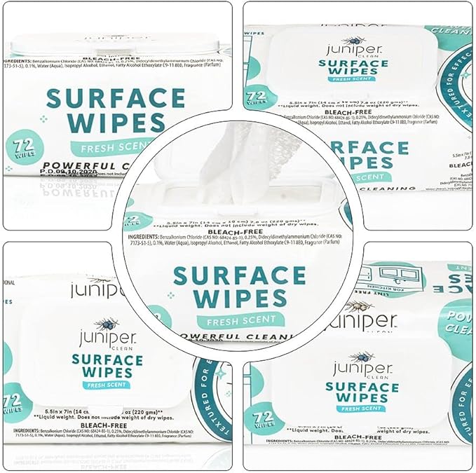 Juniper CLEAN 24 Pack Surface Cleaning Wipes Bleach Free, All-Purpose Cleaner for Bathroom, Kitchen, Office, 1728 Count Soft Flow, Fresh Scent, Bleach Free, Lint Free, Durable
