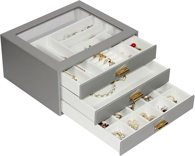 Jewelry Box Organizer with 3 Drawers,Glass Lid Jewelry Boxes for Women,Jewelry Storage for Rings,Necklaces,Earrings,Bracelets,Interesting Gift,Gray