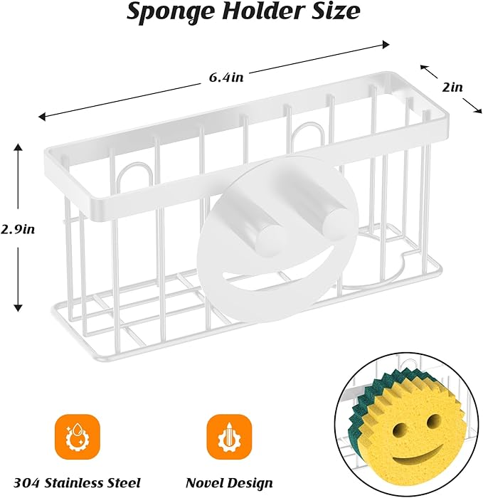 MURLONG Sponge Holder Smiley Face,Sink Caddy,Kitchen Organizer with 2 Suction Cups/1 Adhesive Strips,Designed for Sponge,Soap,Dish Brush,Scrubber - White