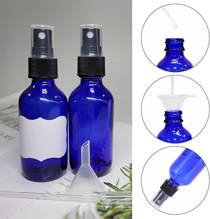 LIYUABU 60ml Blue Glass Spray Bottles,Small Empty Fine Mist Perfume Refillable Reusable Travel Spray Bottle for Essential Oils/Hair/Aromatherapy/Cleaning/Cosmetic with Extra Spray Nozzle(2 Pack)