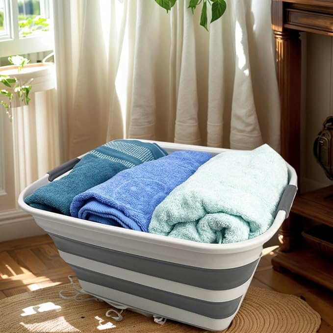 SAMMART Set of 2 Collapsible Plastic Laundry Basket - Foldable Pop Up Storage Container/Organizer - Portable Washing Tub - Space Saving Hamper/Basket (Grey/Steel Grey, 27L)
