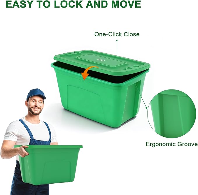 Storage Bins with Lids - Made in USA 18-Gallon (72-Quart) 4-Pack Green Storage Totes with Lids, Plastic Stackable Containers Large Storage Boxes for Home, Bathroom, Office Organization