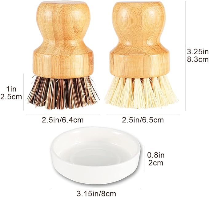 SUPERWASH PLUS Bamboo Brush Dish Scrubber Clean Pan and Vegetable, Natural Bristles Palm Pot Brush 2 Pack Round Mini Dish Brush with 2 Ceramic Dish for Kitchen Sink Cleaning