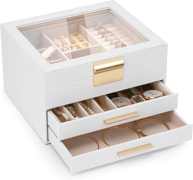 3-Layer Jewelry Box for Women, Jewelry Organizer with Glass Lid and Drawers, Jewelry Organizers and Storage for Necklaces, Rings, Earrings, Bracelets - White/Green/Black.