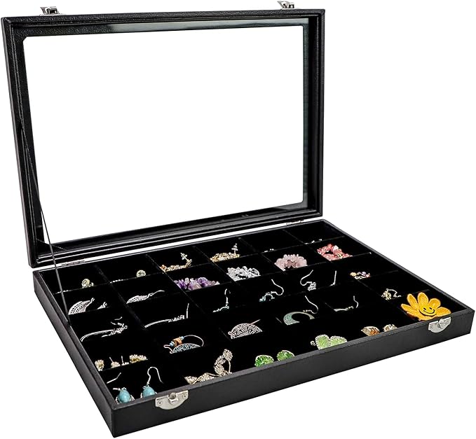 Wudygirl 30 Grid Jewelry Organizer Clear Lid Jewelry Tray Stackable Jewelry Storage Case Display Rings,Earrings,Necklace,Black Velvet (30 Grid)