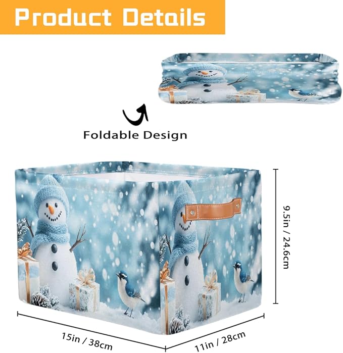 Storage Baskets Bin, Christmas Winter Snowman Collapsible Canvas Fabric Storage Bin Decorative Baskets Toy Organizer Rectangle Storage Boxes with Handles for Home Shelves Nursery, J-016