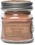 Eco Candle Co. Mason Jar Candle, Precious Woods, 8 oz. - Scents of Smoked Wood, Nutmeg, Musk, & Ylang - 100% Soy Wax, No Lead, Kraft Label & Antiqued Pewter Lid, Hand Poured, Midwest Grown Soybeans