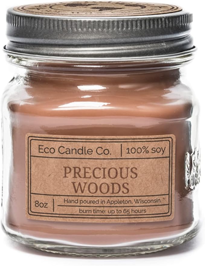 Eco Candle Co. Mason Jar Candle, Precious Woods, 8 oz. - Scents of Smoked Wood, Nutmeg, Musk, & Ylang - 100% Soy Wax, No Lead, Kraft Label & Antiqued Pewter Lid, Hand Poured, Midwest Grown Soybeans