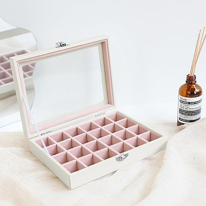 Wudygirl Small Jewelry Organizer 24 Grid Jewelry Box with Clear Lid Velvet Ring Holder Earring Organizer Jewelry Tray for Drawer Jewelry Display Case for Women Gift (Pink)
