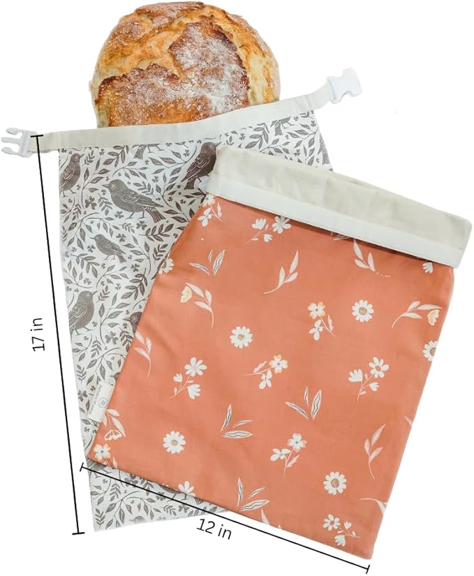 Reliable Rhodes Reusable Beeswax Bread Bag 2 Pack –12x17 Bread Bag for Homemade Sourdough, Beeswax Coated Organic Cotton Storage Bag for Loaf Baguette, Freezer Safe, Eco-Friendly Wrap Birds