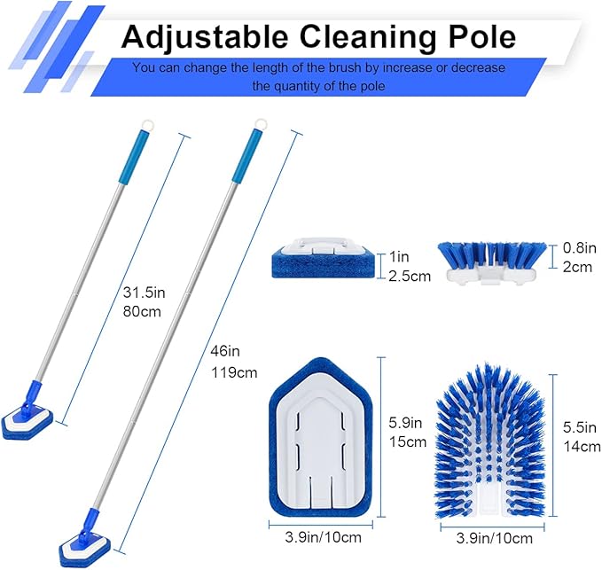 Lalafancy Bathroom Scrubber with Extendable Long Handle 50'' -3-in-1 Tub and Tile Cleaning Brush Interchangeable Head Attachment Shower Scrubber for Cleaning Bathroom Shower Bathtub Floor