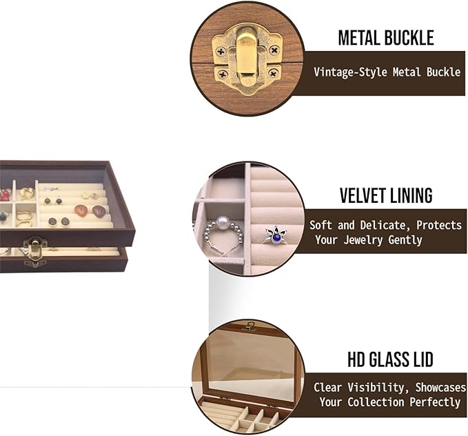 CT SUN Small Wooden Jewelry Organizer Box Case, Vintage Style Display Case with HD Glass Lid, Velvet Lining, for Women Rings Earrings Bracelets Brooches, Compact Size Jewelry Box for traveling