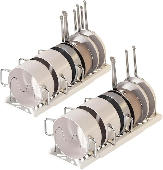Lhieiayh Pot Rack -Expandable Pan Organizer for Cabinet,Pot Lid Holder with 7 Adjustable Compartment for Kitchen Cabinet Cookware Baking Frying Rack,2Pack,Apricot