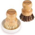 SUPERWASH PLUS Bamboo Dish Brush with Ceramic Dish, Natural Bristle Palm Brush Pot Scrubber for Cast Iron Pans Vegetables and Kitchen Sink Cleaning - 2 Pack