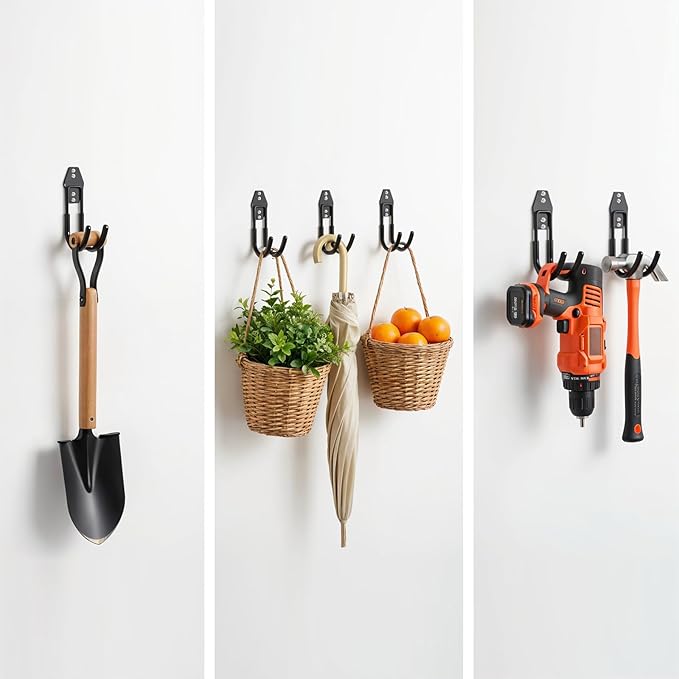Garage Tool Hooks Wall Mount, 6 Pack Heavy Duty Storage Hooks for Garden Tools, Wall Hook for Garden Hoses, Brooms, Ladders, Garage Storage and Organization Accessories with 24 sets of screws