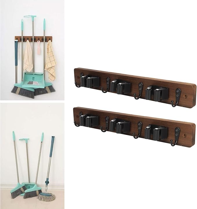 2Pcs Broom Holder, 15.7 X 2.2in Wall Mounted Mop and Broom Hanger, Garage Storage Rack with 3 Positions and 4 Hooks for Bathroom Laundry Room
