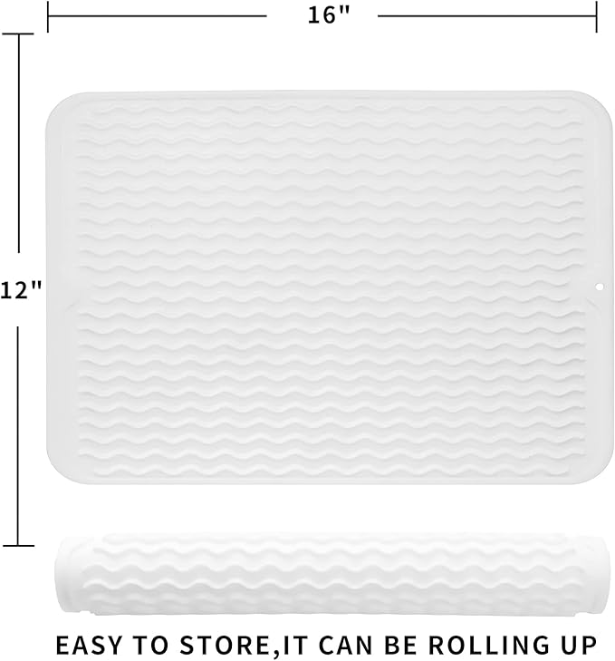 MicoYang Silicone Dish Drying Mat for Multiple Usage,Easy clean,Eco-friendly,Heat-resistant Silicone Mat for Kitchen Counter or Sink,Refrigerator or drawer liner Translucent L 16 inches x 12 inches