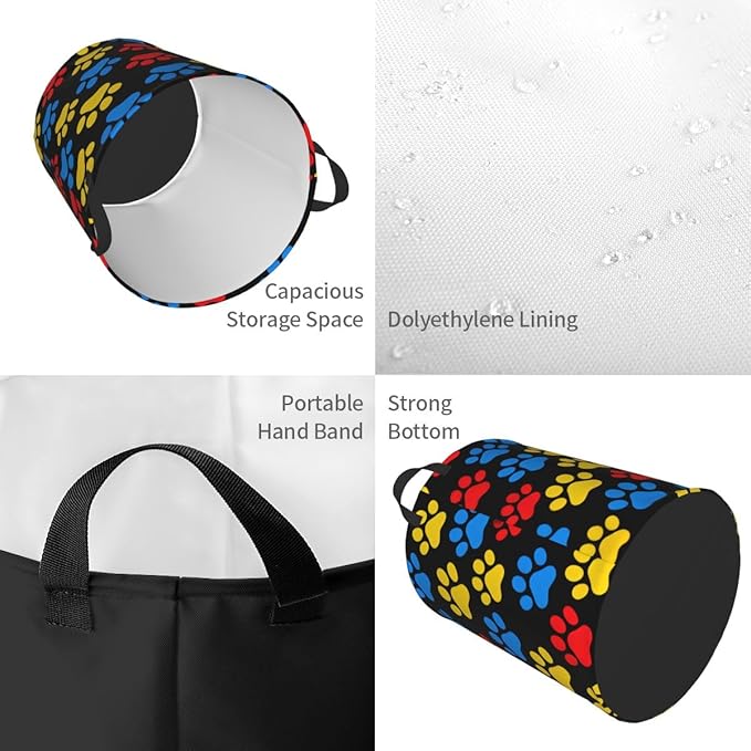 Laundry Hamper, Colorful Paw Print Pattern, Collapsible Polyester Storage Basket with Handles, 15.7x19.6 Inches (Colorful Paw)