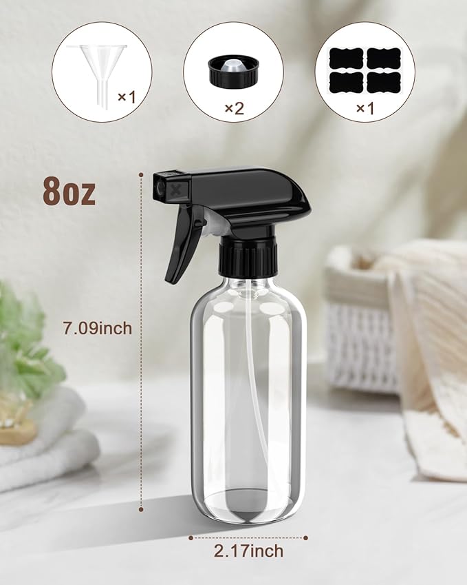 Bontip Glass Spray Bottle, Glass Spray Bottle Set & Accessories Refillable for Plants Window Cleaners Aromatherapy Facial Hydration Watering Flowers Hair Care (2 Pack/8 oz) (Transparent)